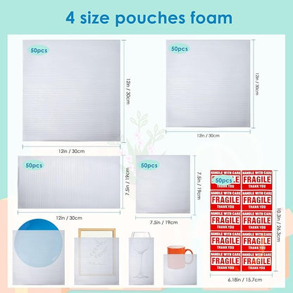 200Pack Cushion Foam Pouches wrap pouches dish packing kit(7.5"x7.5",7.5"x12",12"x12",14"x14") Packing Moving Supplies for Moving Fragile Items for Packing Storage and Shipping with50Fragile Stickers