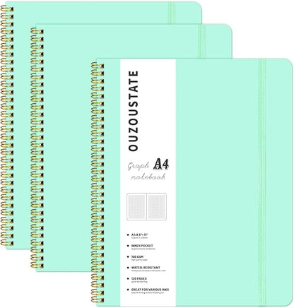 Graph Paper Notebook 8.5" x 11", A4 Mint Green Grid Notebook Journal Hardcover College Ruled Notebook for Work, 120 Pages 100GSM Large Thick Spiral Writing Journal for Women & Men