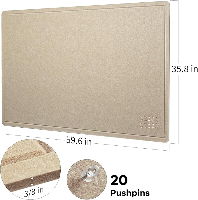 Large Bulletin Board - 60 x 36 Inches, Decorative Felt Pin Board for Wall - 5' x 3' Foldable Photo Display Board with Self-Adhesive Tape, Includes 20 Push Pins - Beige Brown