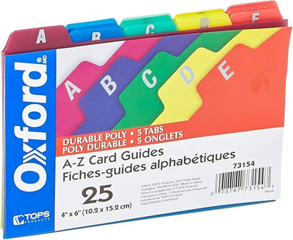 Oxford Poly Index Card Guides, Alphabetical, A-Z, Assorted Colors, 4" x 6" Size, 25 Guides per Set (73154)