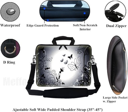 Meffort Inc 17 17.3 inch Neoprene Laptop Bag Sleeve with Extra Side Pocket, Soft Carrying Handle & Removable Shoulder Strap for 16" to 17.3" Size Notebook Computer - Black Gray Butterfly Design
