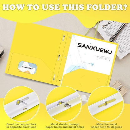 Folders with Pockets,SANXUEWJ 30 Pack Two Pocket Folders Business Card Holder Plastic Folders with Prongs for School Office Filing Cabinet Resume Portfolio (Yellow)
