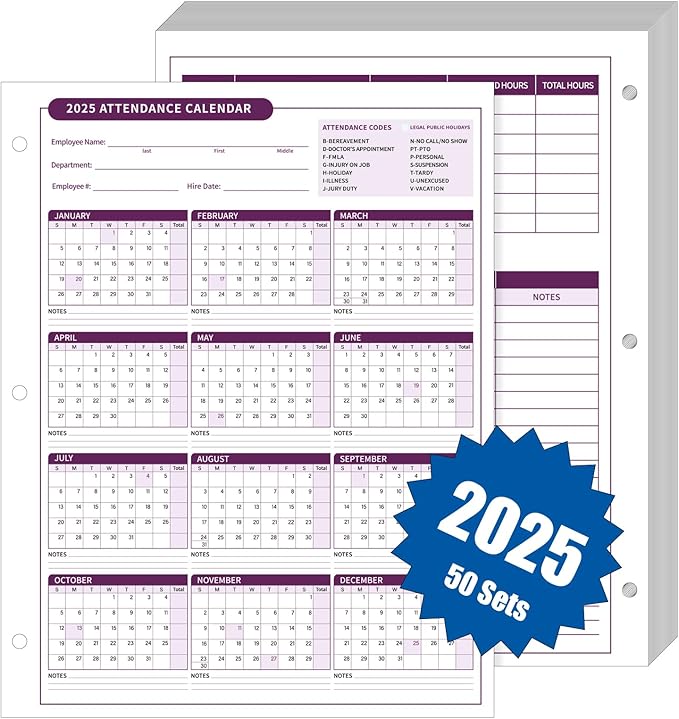 ReliThick 50 PCS 2025 Attendance Calendar Card Stock Paper 2025 Attendance Sheets for 3 Hole Binder Employee Record Folders for Manager, HR, Store Location Managers(Purple)