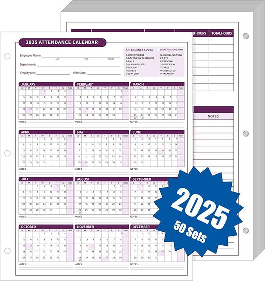 ReliThick 50 PCS 2025 Attendance Calendar Card Stock Paper 2025 Attendance Sheets for 3 Hole Binder Employee Record Folders for Manager, HR, Store Location Managers(Purple)