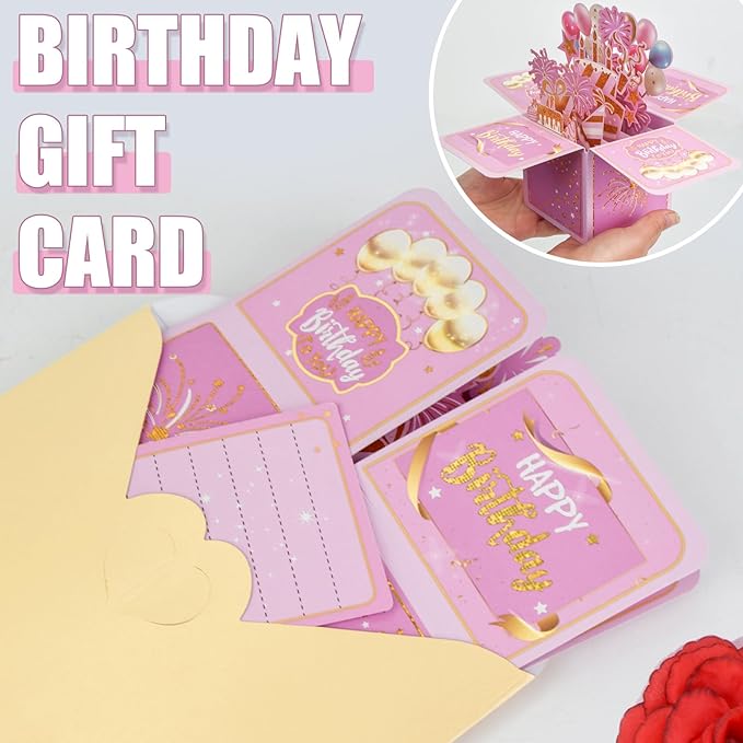 Surprise Pop Up Happy Birthday Cards, Lovely 3D Birthday Card for Adults and Kids with Envelopes, Unique Design Handmade Foldable Greeting Cards for Daughter, Son, Mom, Dad, Friend（Pink）