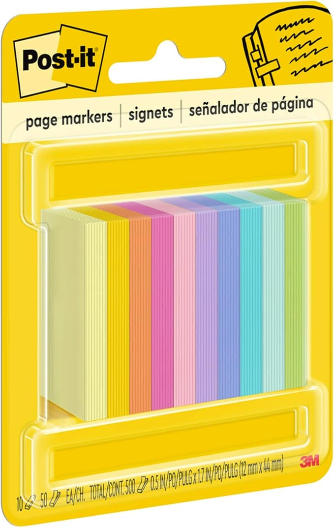 Post-it Page Markers, Assorted Bright Colors, 1/2 in x 2 in, 50 Markers/Pad, 10 Pads/Pack (670-10AB)