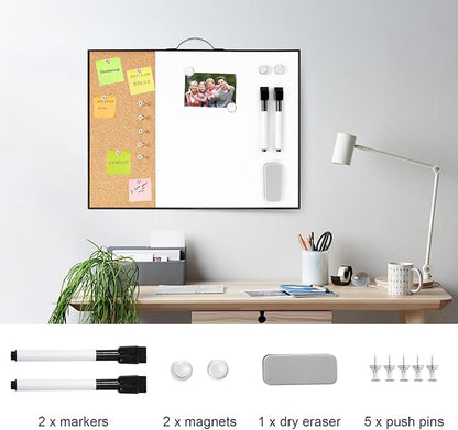 Small Cork Board Whiteboard Combo - 12" X 16" Portable Aluminum Black Framed Magnetic Dry Erase Board for Wall, Mini Bulletin CorkBoard with a Handle for Office, Home and School