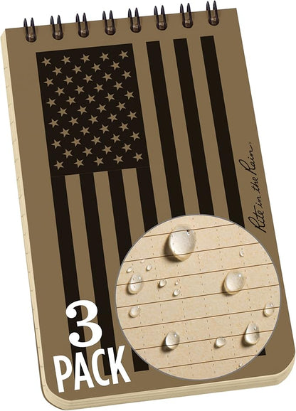 Rite in the Rain Weatherproof Top Spiral Notebook, 3" x 5", Tan American Flag Cover, Universal Pattern, 3 Pack (No. FL935T-3)