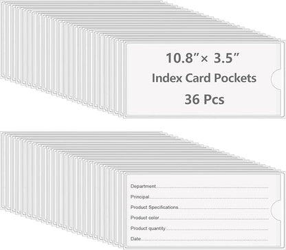 36 Pack Adhesive 10.8" x 3.5" Index Card Pockets with Top Open for Loading, Clear Plastic Labels Holders for Storage Bins Library Card Totes Shelves