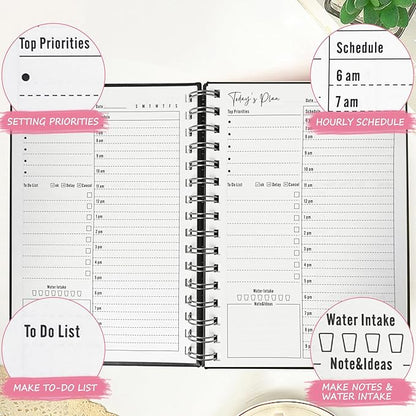 Undated Daily Planner,Undated Planner with Hourly Schedules, Daily Organizer Notebooks for work, Spiral Appointment Planner for Men and Wome, To Do List Notebook for Time Management, Elastic Closure, Pocket(Light Blue)