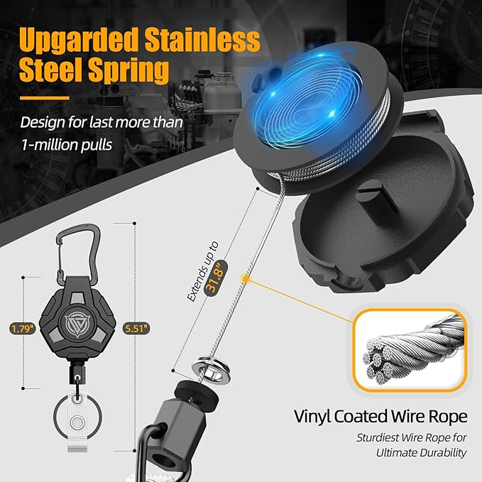 2 Pack Retractable Keychain, Heavy Duty Carabiner Badge Holder, Tactical ID Badge Reel with 31.5'' Coated Steel Cord, Bearing 8.0 oz- Black