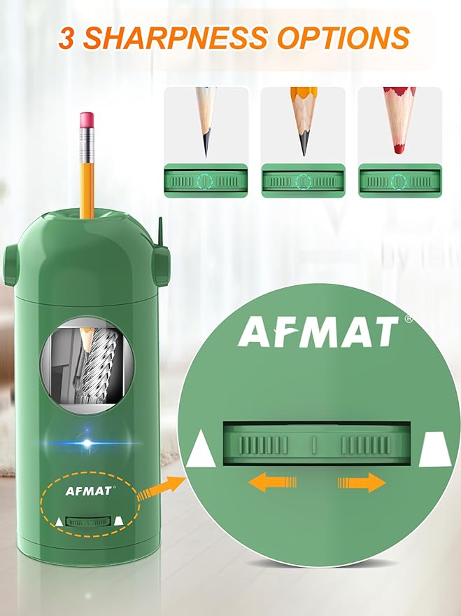 AFMAT Electric Pencil Sharpener for Colored Pencils 7-11.5mm, Fully Automatic Pencil Sharpener, Auto in & Out, Rechargeable Hands-Free Pencil Sharpener for Large Pencils, Sketch Pencils, Green