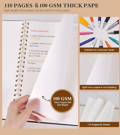 Dotted Notebook, Spiral Notebook Journal 8.5” x 11”, A4 Large Dot Grid Notebooks for Women Men, 100 GSM Dotted Paper, Plastic Hardcover Spiral Bullet Dotted Journals for Work School Sketching, Black