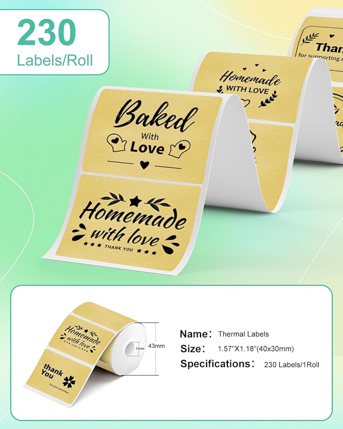Square Thermal Label Compatible with M100/M110/M120/M260/M220/M150, 1.57'' x 1.18'' (40 x 30 mm), Sticker Thermal Label for Logo/Gift Labels/Thank You Label/Small Business/,230 Labels/Roll