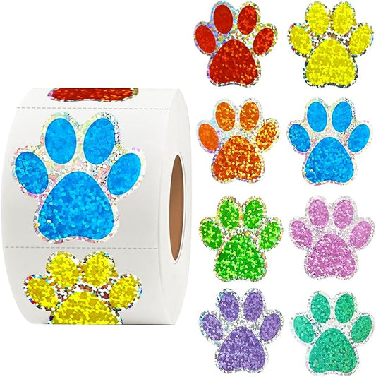 Paw Print Stickers,1.5" Holographic Shiny Bear Paw Print Stickers,Dog Puppy Paw Stickers Bear Paw Stickers with Perforation Line (500PCS,Multicolor)