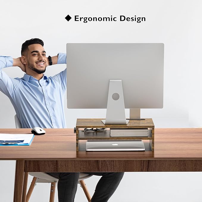 BONTEC Monitor Stand Riser, 2 Tiers Wood Monitor Riser Stand with Storage Organizer, Desktop Ergonomic Monitor Stand Riser with Cellphone Holder and Cable Management, 16.5 Inch Shelf, Vintage Brown