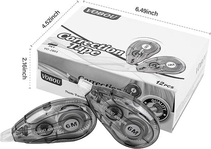 White Correction Tape, Easy To Use Applicator for Instant Corrections Wrong Writing At Any Time, For school, Office (Black, 12pack, 6M/256"x 0.2")