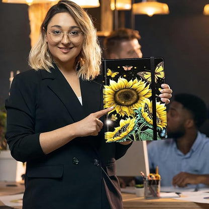 Padfolio Folder with Clipboard,Portfolios Organizer Clipboards with Storage Clipboard Writing Pad PU Leather Conference Document Organizer with Business Card Holder,Sunflower Butterfly