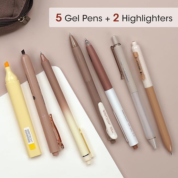 WRITECH Gel Pens Journaling Highlighters: Journal Set Aesthetic Assorted Earth Tones Color Ink 0.5mm Fine Point Retractable 0.7mm Black Pen Smooth Writing Drawing No Bleed 7ct (Brown)
