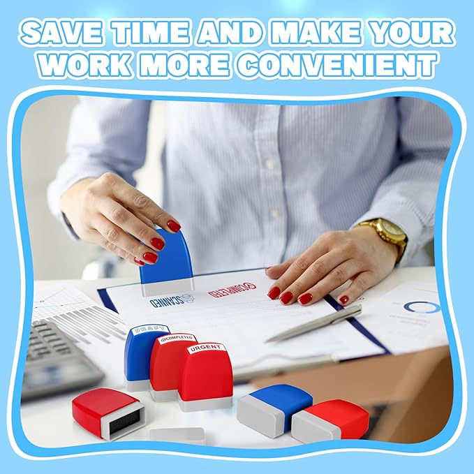 Crtiin 16 Pcs Office Stamp Set Message Self Inking Rubber Stamp Set for Office Stamps Completed Faxed Scanned Stamps for Message Supplies(Red, Blue)