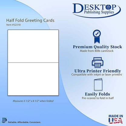 80lb White Half Fold Greeting Cards - 100 Cards - Desktop Publishing Supplies, Inc.™ Brand