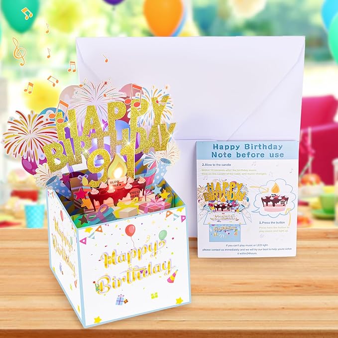 Tnvee 91TH Birthday Cards with Lights & Music & Candle, 3D Large Pop Up Happy Birthday Cards for Women Man Greeting Cards Decorations for 91 Years Old Mom Dad Grandparents