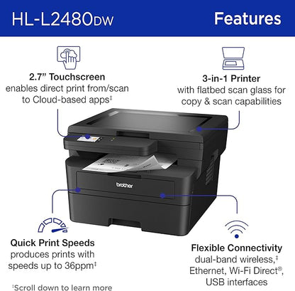Brother HL-L2480DW Wireless Compact Mobile Monochrome Multi-Function Laser Printer with Copy, Scan, Duplex, Black & White Output | Includes Refresh Subscription Trial(1), (Renewed Premium)