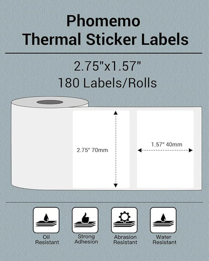 Phomemo Thermal Sticker Labels- 2.75"x1.57"(70x40mm) Thermal Label for M221/M220/M200, for Barcode/Address/Mailing/Logo/Business/Home Tag, Black on White