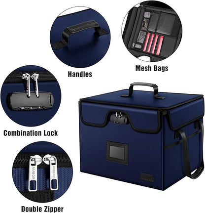 AMBOR File Box with Lock, Fireproof Document Box with 5 Tabs & Inserts, Collapsible File Organizer with Handle for Letter & Legal Size Folder/Certifications/Books Storage, Blue