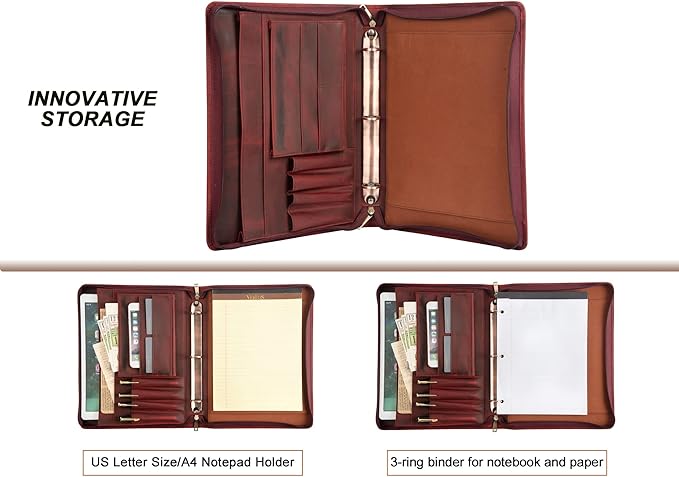 AZXCG Leather Portfolio Organizer, 3 Ring Binder Padfolio Folder, Resume Zippered Folio for A4/Letter Size Notepad, Business Binder Portfolio with Zipper for 13" Laptop, Gift for Women, Red