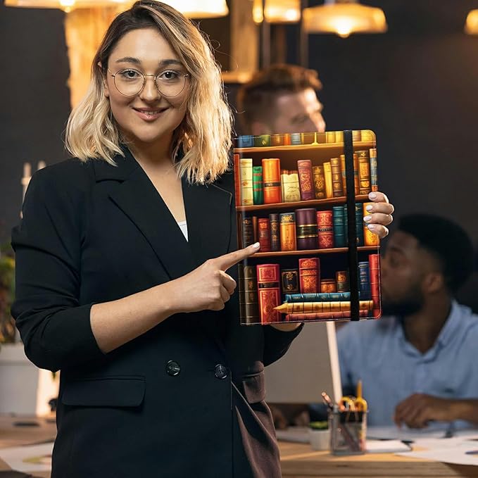 Padfolio Folder with Clipboard,Portfolios Organizer Clipboards with Storage Clipboard Writing Pad PU Leather Conference Document Organizer with Business Card Holder,Vintage Bookshelf