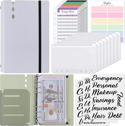 SKYDUE A6 Money Saving Binder, Budget Binder with Cash Envelopes, Savings Book with 12pcs Expense Budget Sheets and Sticky Labels Purple