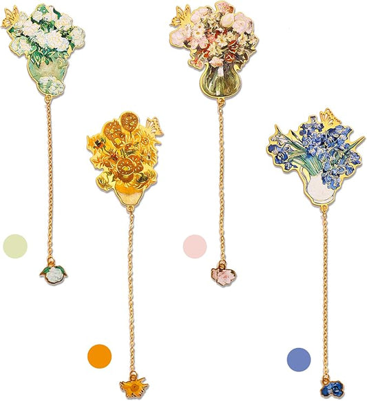 4 Pieces Metal Bookmarks with Tassel, Golden Hollow Bookmark Monet Van Gogh Oil Painting Theme Book Mark Bookmarks for Book Lovers Writers Readers Children Teens for Women