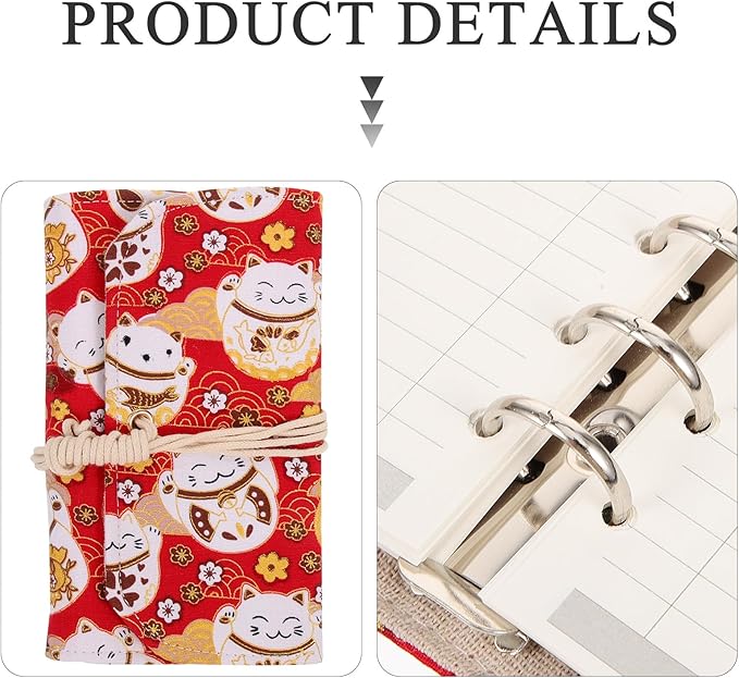 Tofficu A6 Budget Binder Japanese Maneki Neko Lucky Cat 6 Ring Planner Notepads Money Organizer Cotton and Linen Notebook Cover for Cash Bills Coupon Budgeting Expense Saving