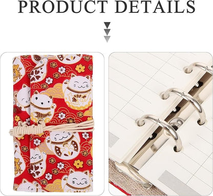 Tofficu A6 Budget Binder Japanese Maneki Neko Lucky Cat 6 Ring Planner Notepads Money Organizer Cotton and Linen Notebook Cover for Cash Bills Coupon Budgeting Expense Saving