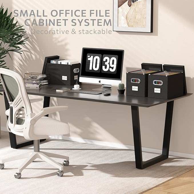 Hanging File Filing Box with Lid, Linen Collapsible File Organizer Box for Hanging Folder, Office/Home Decorative Storage Boxes Filing Cabinet (Black, 14x9.3x10.9)