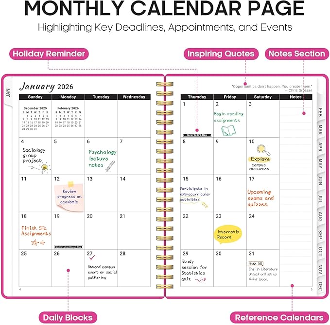 2026 Planner, Weekly and Monthly Calender Planner, Jan 2026 to Dec 2026, Hardcover 2026 Calendar Planner Book with Tabs & Inner Pocket, Office Home School Supplies for Women & Men - A5 (6.3" x 8.5"), Fuchsia Pink