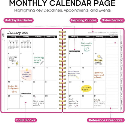 2026 Planner, Weekly and Monthly Calender Planner, Jan 2026 to Dec 2026, Hardcover 2026 Calendar Planner Book with Tabs & Inner Pocket, Office Home School Supplies for Women & Men - A5 (6.3" x 8.5"), Fuchsia Pink