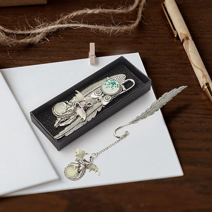 2 Pack Vintage Feather Metal Bookmark, Unique Glow in The Dark Bookmark Gift for Men Women(Dragon & Owl Antique Silver)