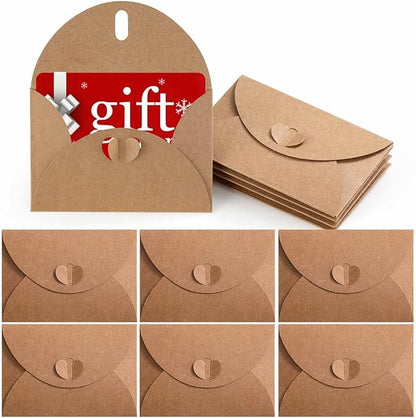 Primbeeks 100 Pcs Premium Gift Card Envelopes, 4 x 2.8 inch Gift Card Holders, Mini Seed Kraft Paper Cute Envelopes with Heart Clasp for Gift Cards, Weddings Favors, Party Favors