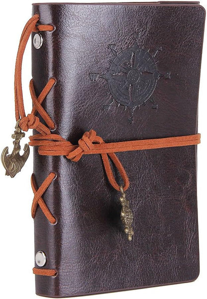 EvZ Leather Writing Journal Notebook, 5 Inches Vintage Nautical Spiral Blank String Diary Notepad Sketchbook Travel to Write in, Unlined Paper, Retro Pendants, Classic Embossed, Coffee