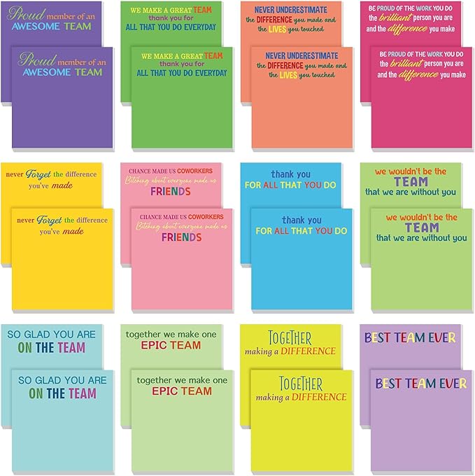 Yinder 24 Pcs Team Sticky Notes Team Appreciation Gifts Bulk Employee Coworker Inspirational Sticky Notes Pad Appreciation Gifts for Teacher Nurse Office Supplies 3 x 3''(Bright Color,Appreciation)