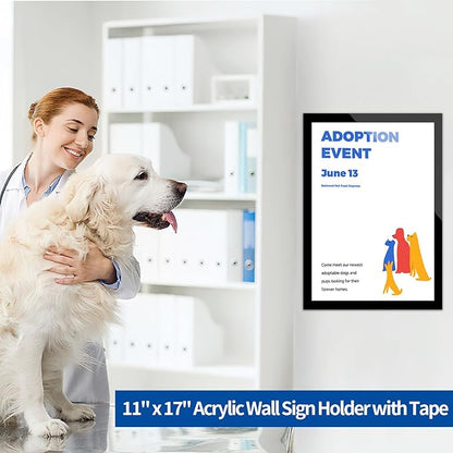 5Pack 11" x 17" Acrylic Sign Holder Wall Mount, Self Adhesive Magnetic Display Frame with Nano Tape and Strong Magnetic Border for Wall, Door, Glass, Home, Store, Office, Black