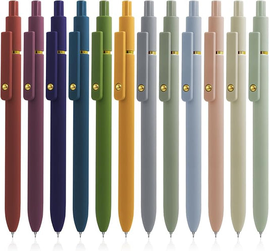 UIXJODO Gel Pens, 12 Pcs Black Ink Pens for Women, 0.5mm Fine Point Smooth Writing Pens, High-End Series Retractable Pens for Journaling Note Taking (12 Pcs Gold Morandi and Vintage)