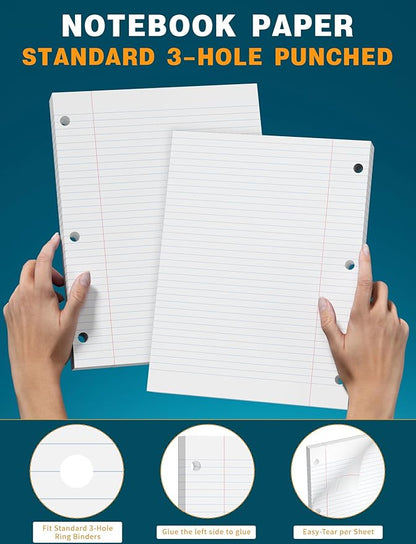 Loose Leaf Paper, 75 Sheets, Filler Paper 8.5 x 11, 3 Hole Pouched, Standard, Wide Ruled Loose Leaf Notebook Paper 8.5 x 11 Inch for Binder, A4 Loose Leaf Filler Paper for Work School Student, White