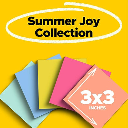Post-it Super Sticky Notes, 12 Sticky Note Pads, 3 x 3 in., School Supplies, Office Products, Sticky Notes for Vertical Surfaces, Monitors, Walls and Windows, Summer Joy Collection