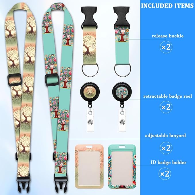 2 Pack Tree of Life & Owl Lanyards Badge Holder, Adjustable Lanyards with Retractable Badge Reels, Unique ID Badge Holders for Teachers, Nurses, Students, Office Staff & Cruise Essentials