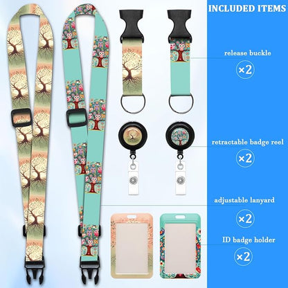 2 Pack Tree of Life & Owl Lanyards Badge Holder, Adjustable Lanyards with Retractable Badge Reels, Unique ID Badge Holders for Teachers, Nurses, Students, Office Staff & Cruise Essentials