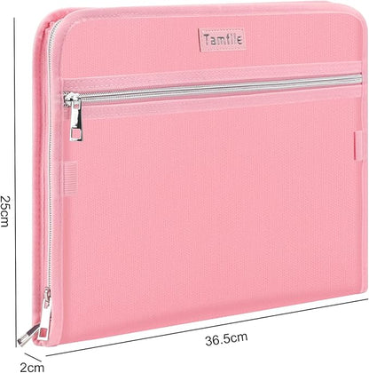 Fireproof Safe Accordion File Organizer Bag Folder,Waterproof Expanding Filing Folder with 14 Pockets, A4 Letter Size, Document Organizer Holder and Color Labels /2 Zipper (Pink 14.3" x 9.8")