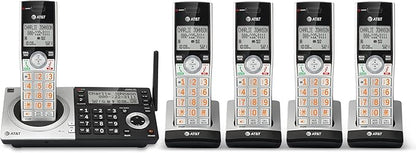 AT&T CL83507 DECT 6.0 5-Handset Cordless Phone for Home with Dual Keypad Base, Answering Machine, Call Blocking, Caller ID Announcer, Intercom and Long Range, Silver/Black